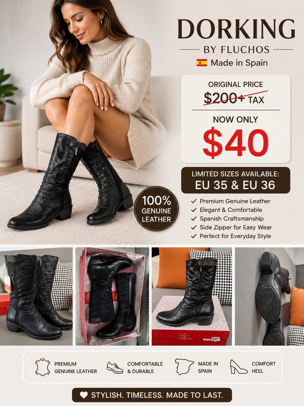 Dorking by Fluchos Black Leather Mid-Calf Heeled Boots